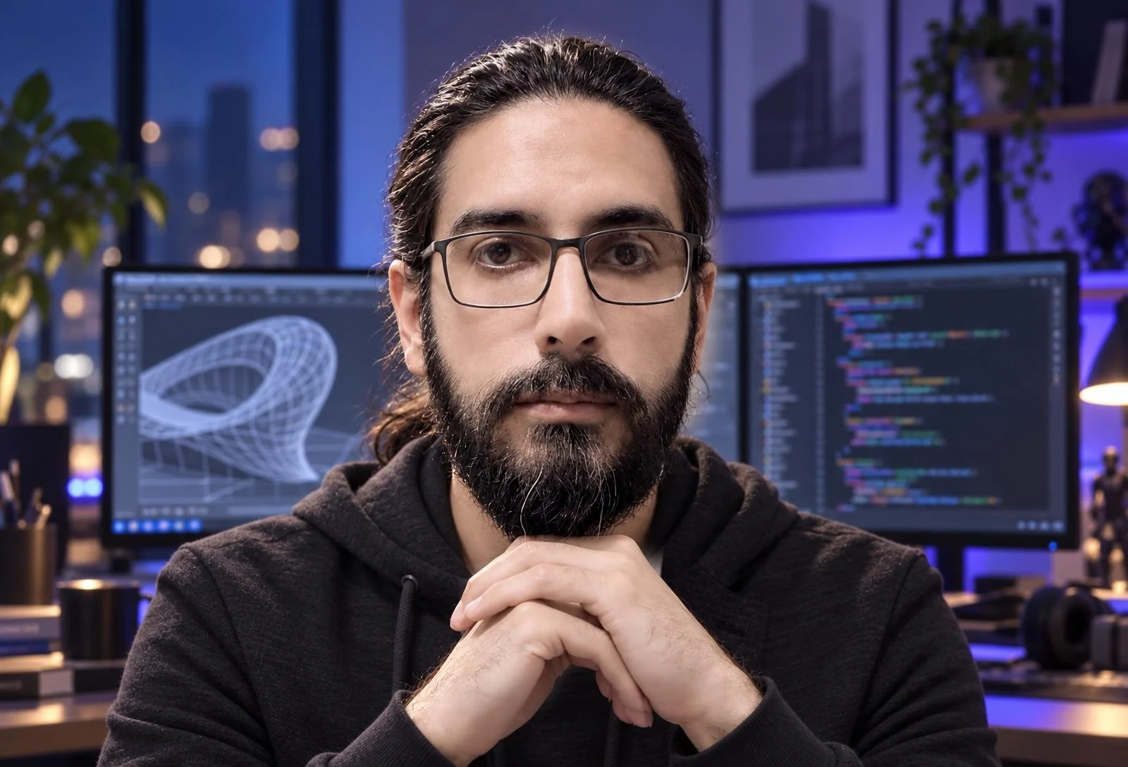 Kian Feizbahr at a workstation with code and a parametric model