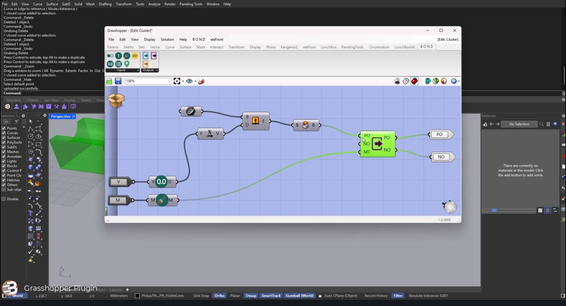 BOND components on the Grasshopper canvas driving a parametric product in Rhino